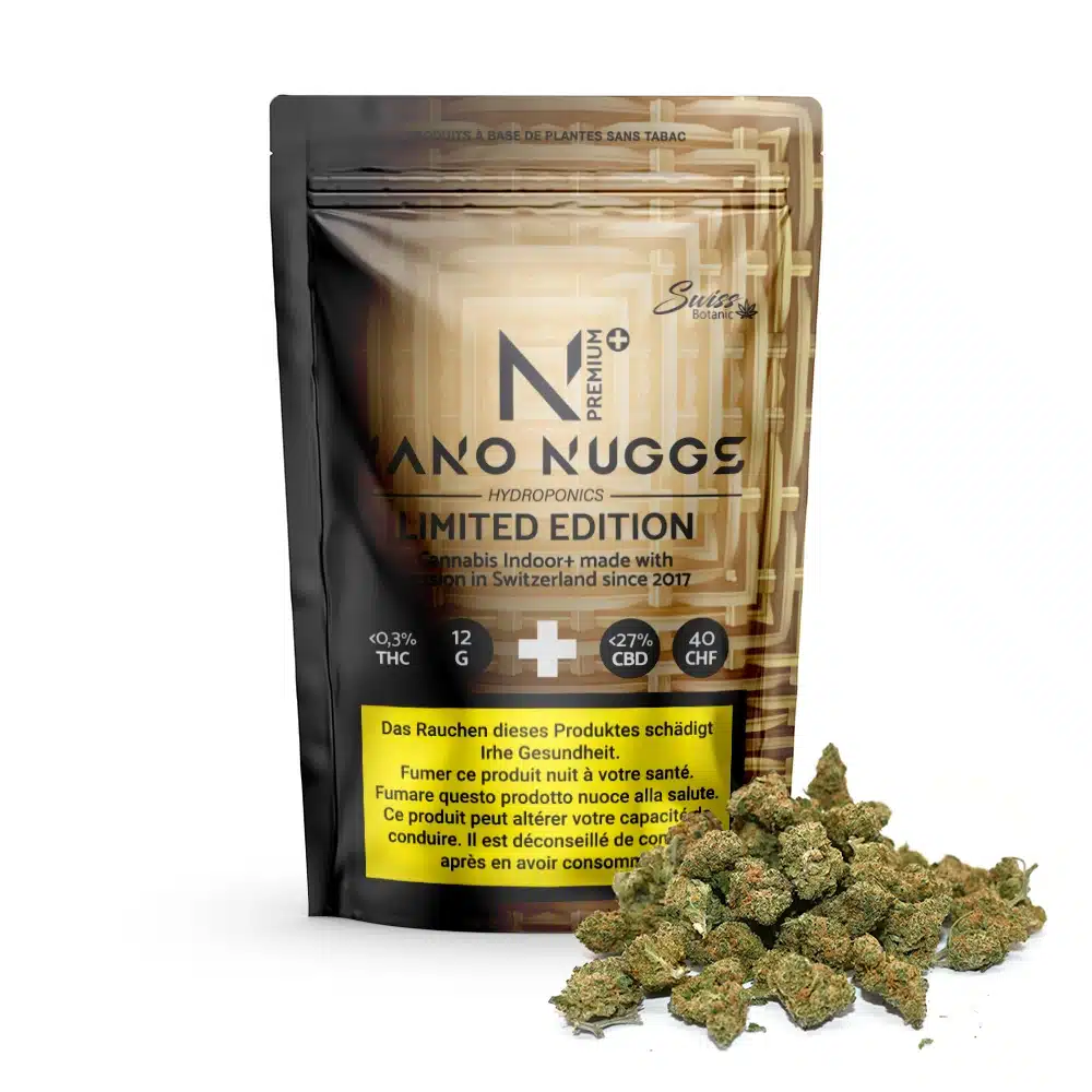 A resealable bag labeled "Indoor CBD Flowers Nano Nuggs Premium Limited Edition - Gold - 0.3% THC" with Swiss branding sits next to cannabis buds; the packaging displays warning labels in German and French.