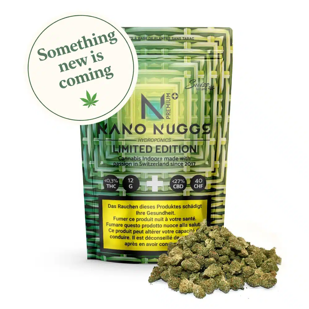 A package labeled "Indoor CBD Flowers Nano Nuggs Premium Limited Edition - Green - 0.3% THC" with loose CBD-rich buds in front, green design elements, and health warnings in multiple languages.
