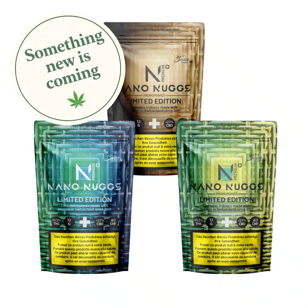 Three limited edition Indoor CBD Flowers Pack CBD Nano Nuggs pouches, with a circular "Something new is coming" sign above them, a cannabis leaf symbol, and benefits of CBD highlighted, each with 0.3% THC.